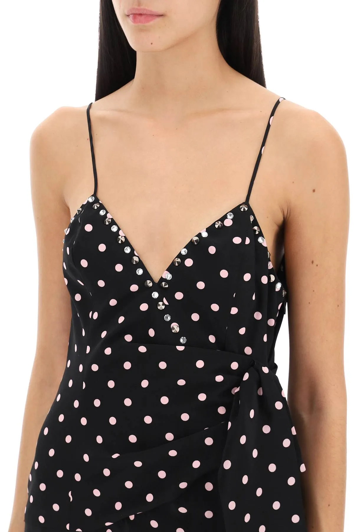 Alessandra Rich Polka Dot Slip Dress With Studs And Rhinestones