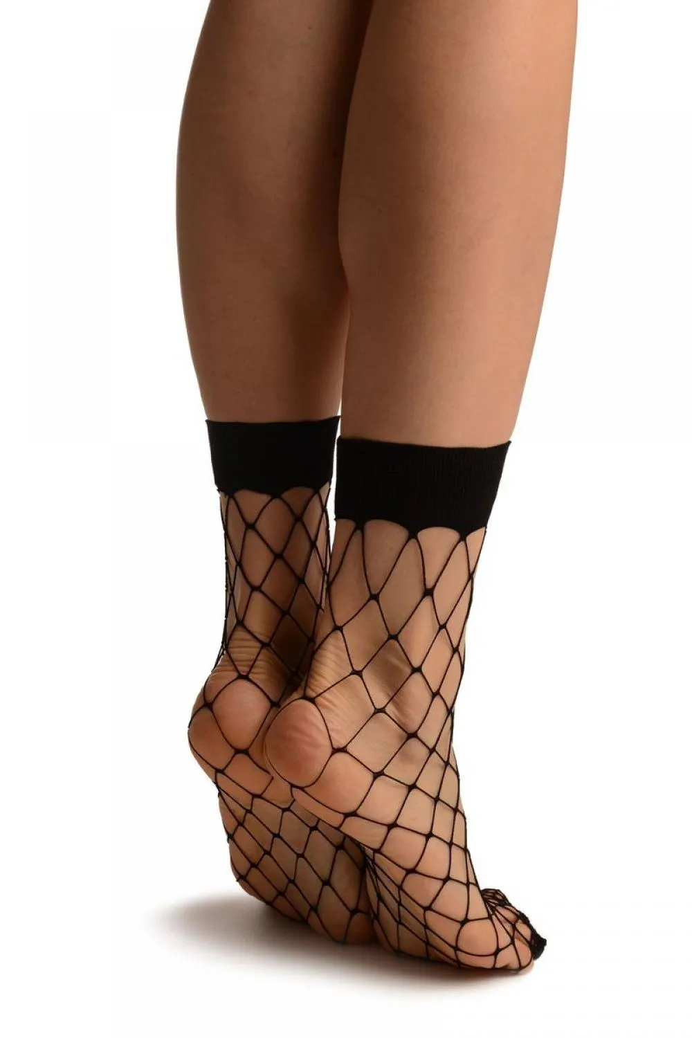 Black Large Fishnet With Wide Top & Reinforced Toe Ankle High Socks