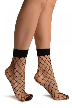 Black Large Fishnet With Wide Top & Reinforced Toe Ankle High Socks