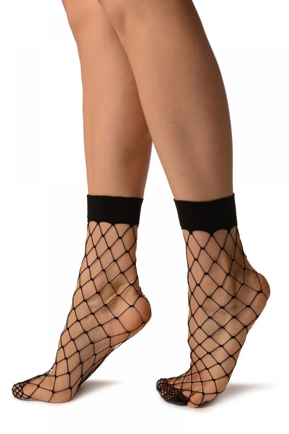 Black Large Fishnet With Wide Top & Reinforced Toe Ankle High Socks